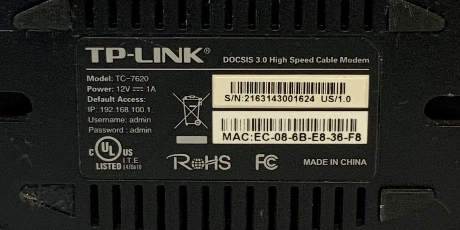 TP-Link TC-7620 DOCSIS 3.0 High Speed Cable Modem, Black “H2C”