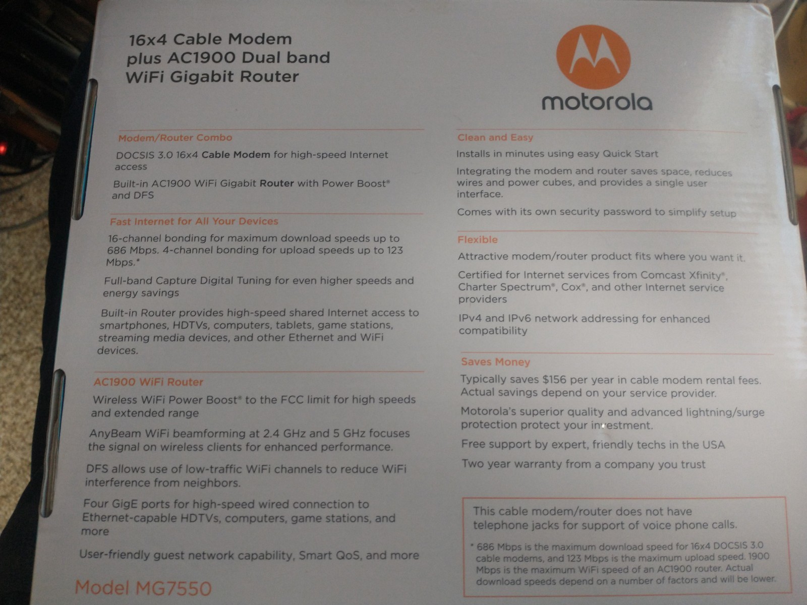 Motorola MG7550 16×4 High Speed ​​Cable Modem Plus AC1900 WiFi Router