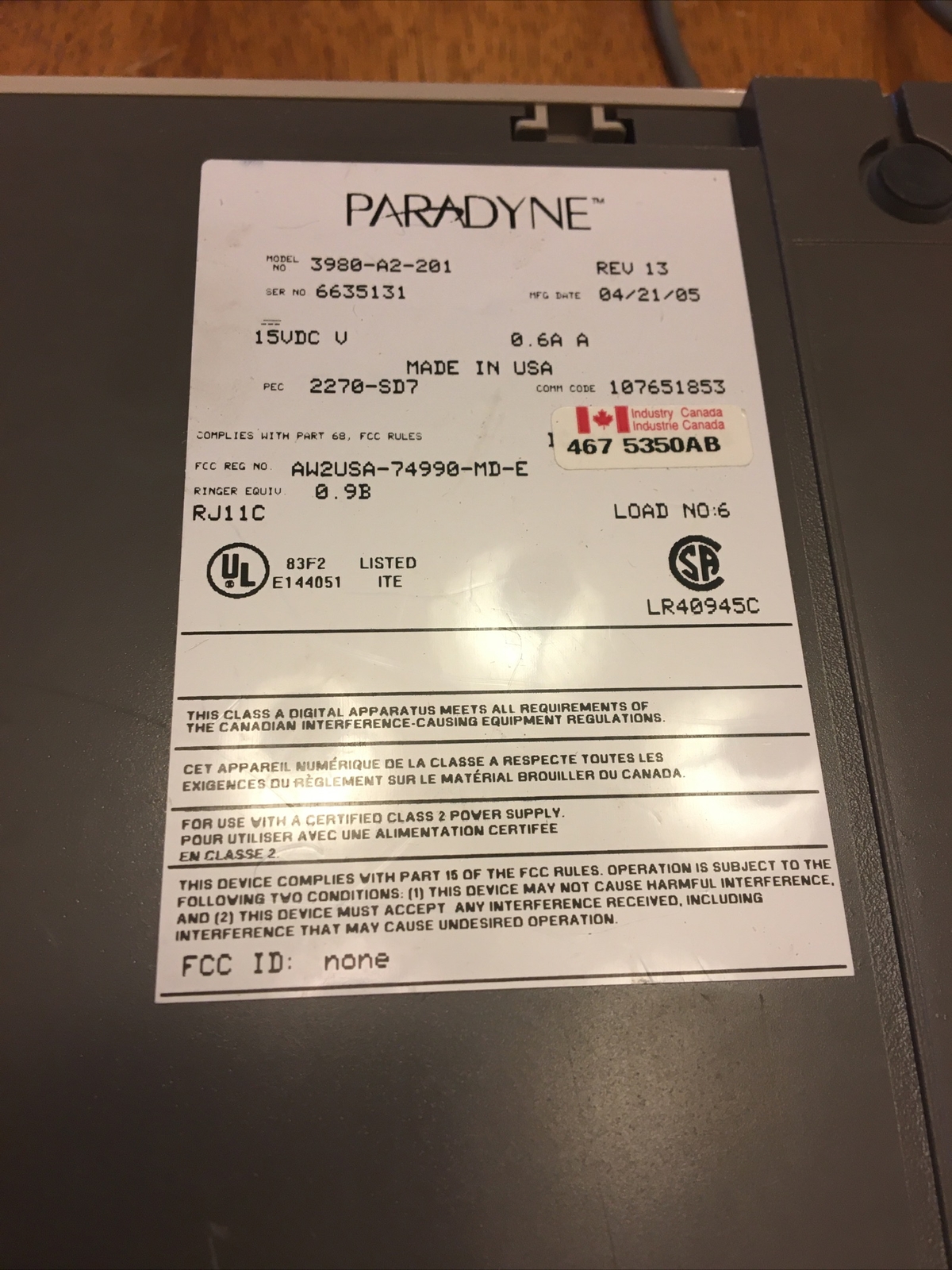 Paradyne Comsphere 3810 Plus External Modem 3980-A2-201 Rev 13