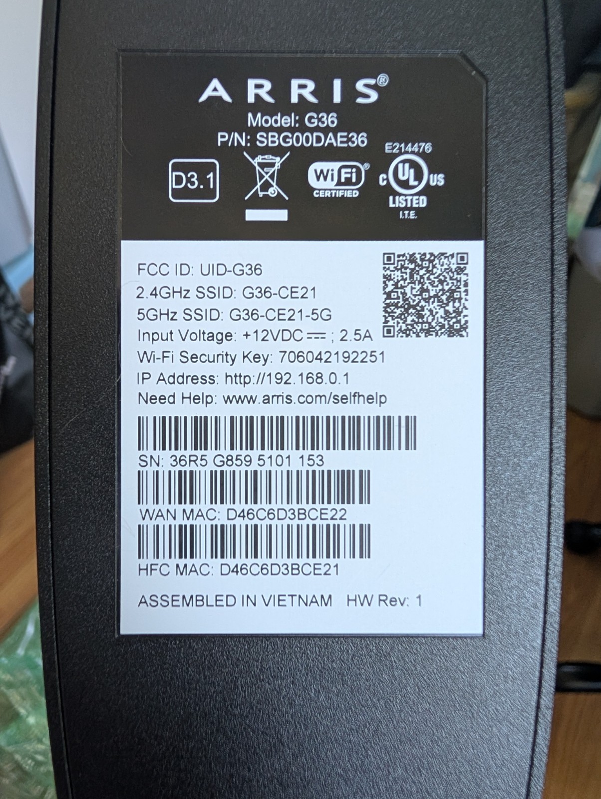 ARRIS G36-Cable Modem Router Combo -Fast DOCSIS 3.1 Multi-Gigabit WiFi 6 (AX3000