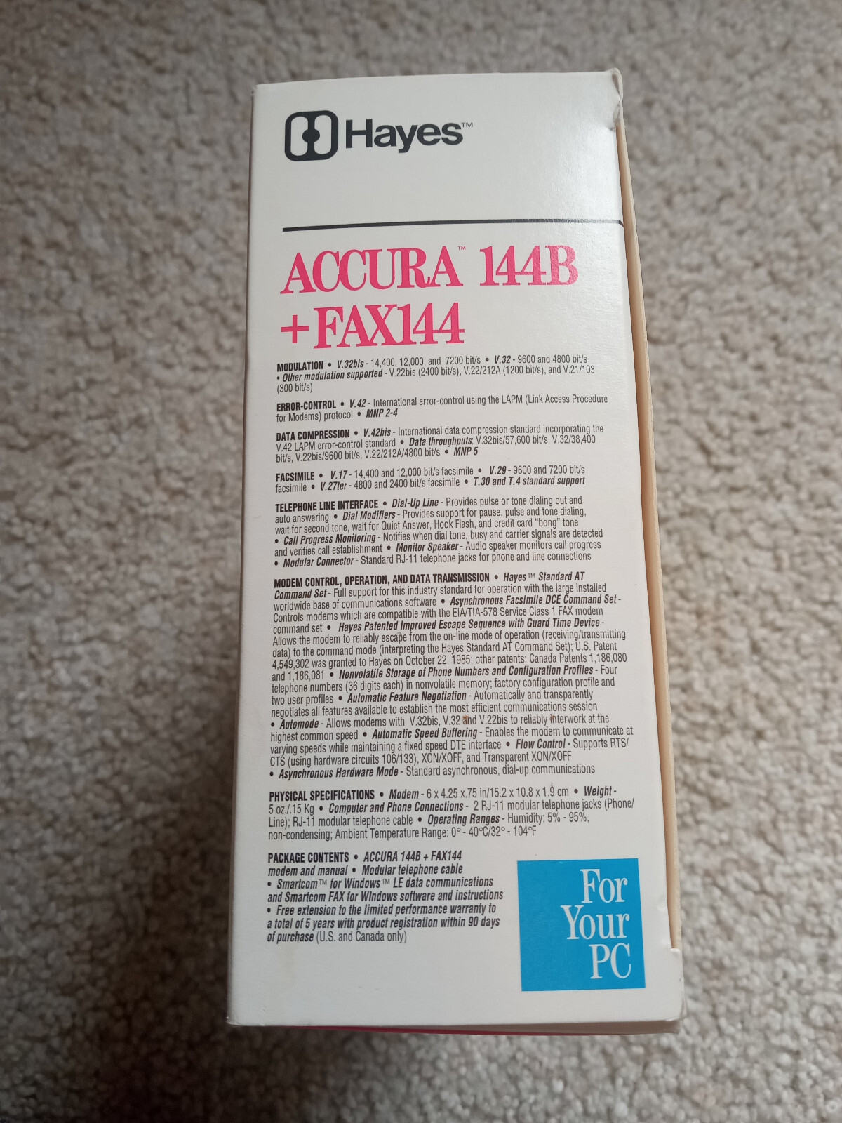 HAYES ACCURA 144B + FAX144 INTERNAL 14,400 bit/s Data + Fax PC Modem NEW IN BOX