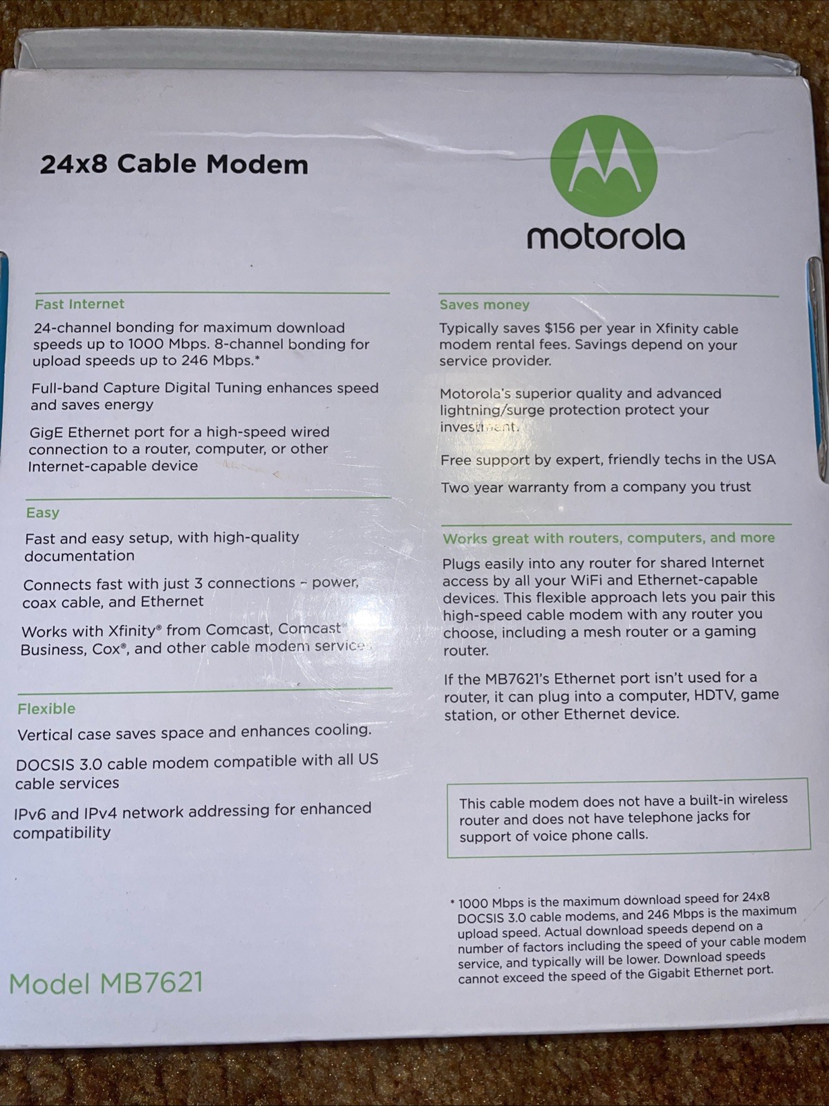 OB Motorola MB7621 Cable Modem 24×8 DOCSIS 3.0 w/ Power Cord Tested