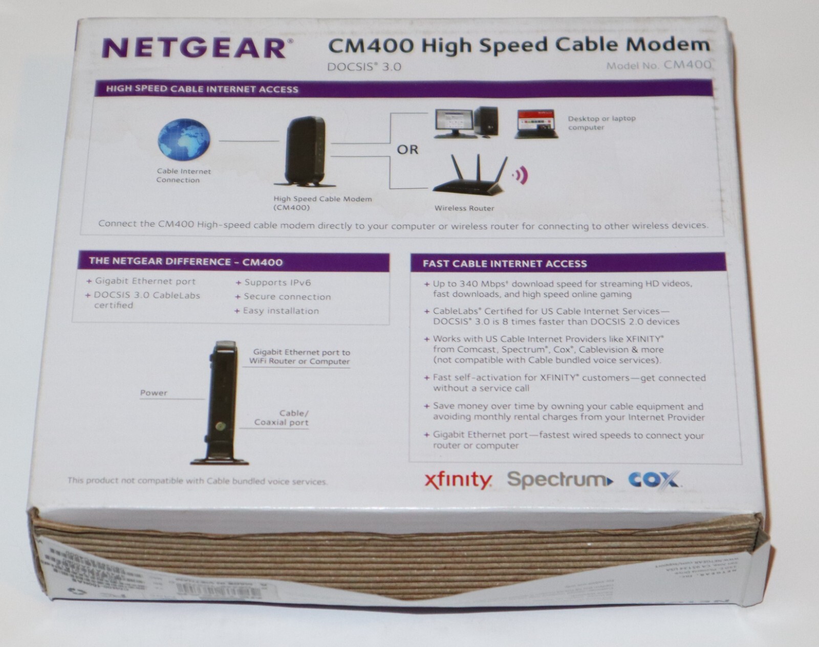 Netgear CM400 High Speed Cable Internet Modem DOCSIS 3.0 340Mbps w/ Box