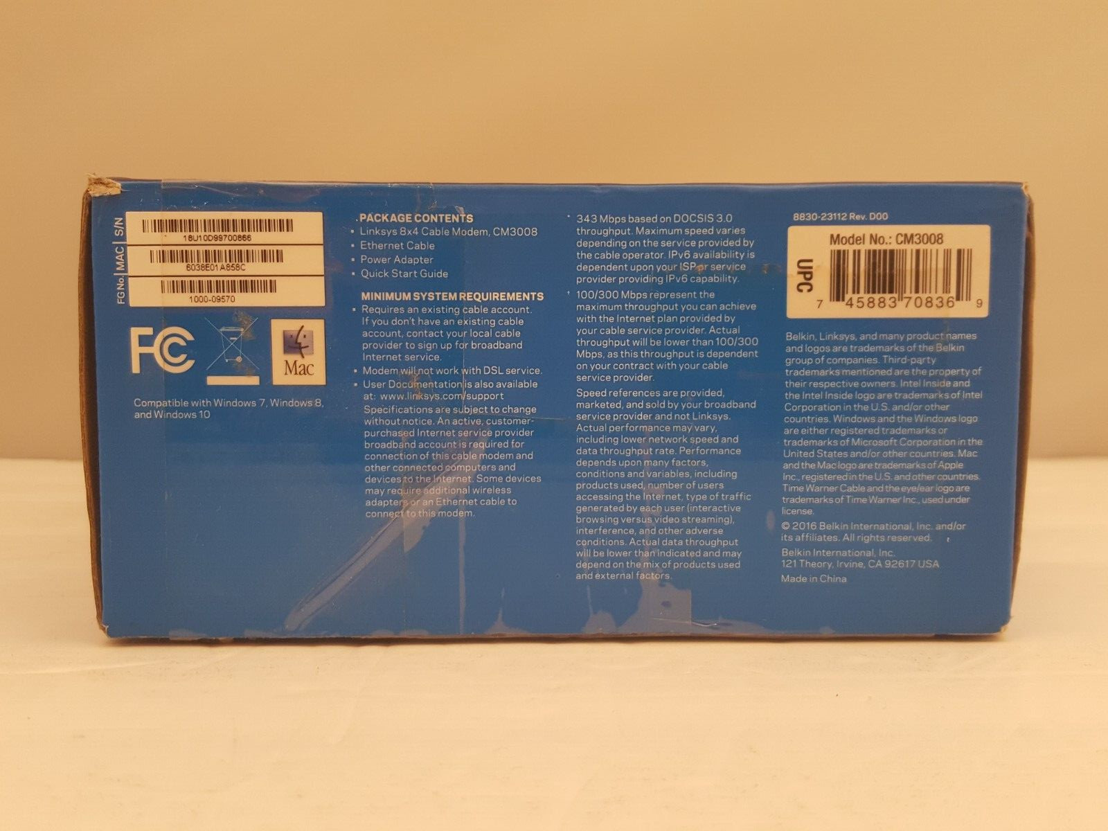 LINKSYS 8 x 4 Cable Modem | 8 x 4 Bonded Channels | DOCSIS 3.0 | CM3008 | USED