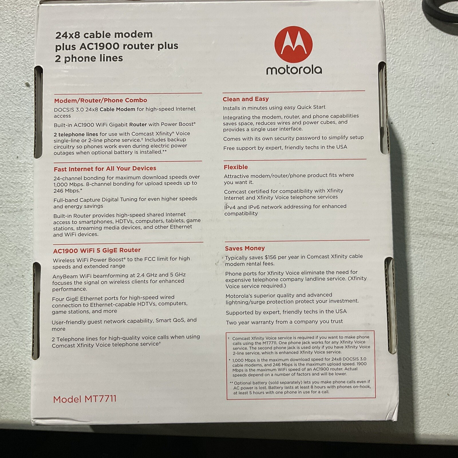 New Motorola MT7711 Dual Band AC1900 Cable Modem and Wi-Fi Gigabit Router