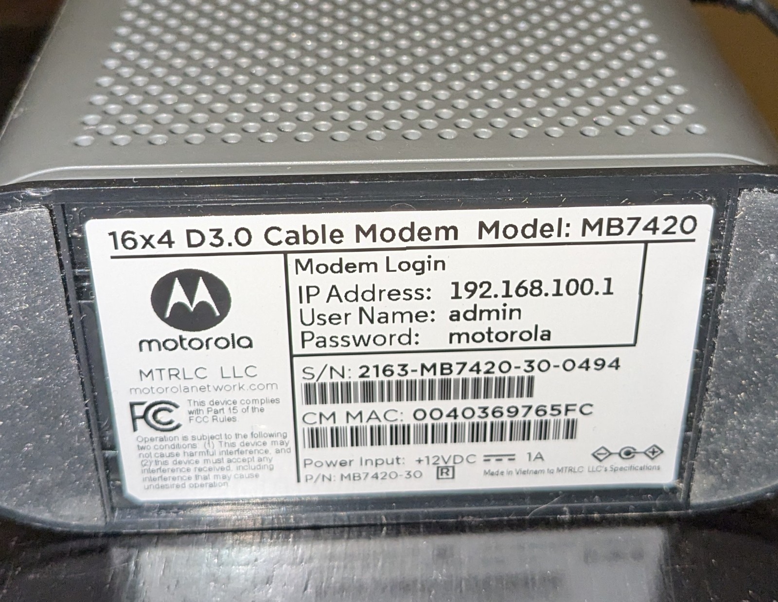 Motorola 16X4 Cable Modem Model MB7420