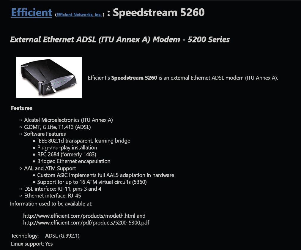 SpeedStream 5260 Ethernet ADSL DSL bridge Modem Efficient Networks Inc