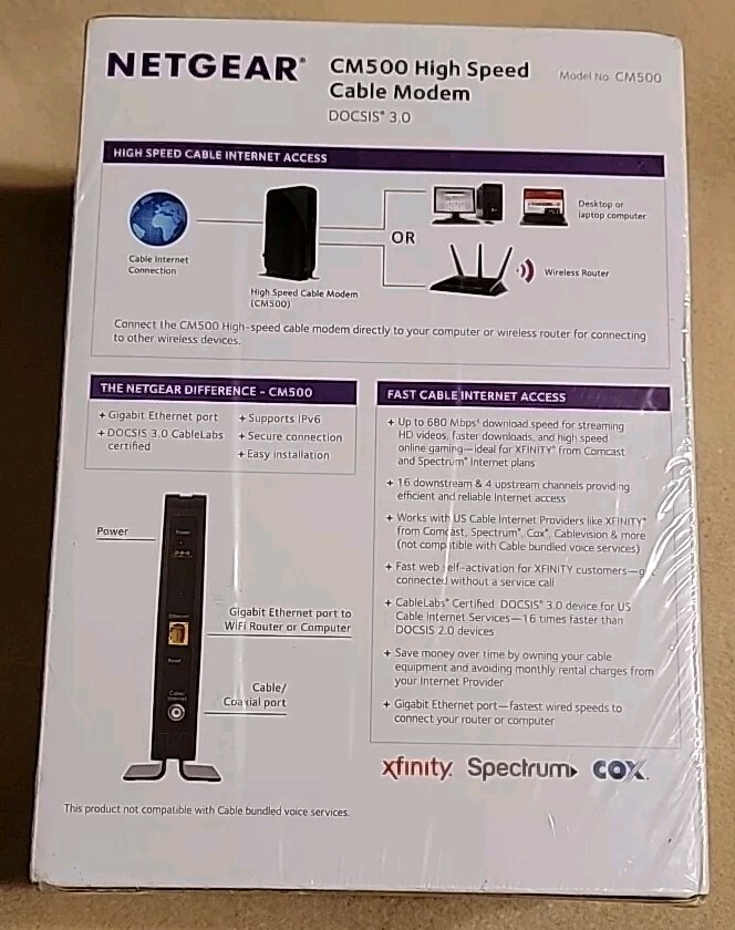 NEW NETGEAR CM500 High Speed Cable Modem (CM500100NAS) 680 Mbps – Black SEALED