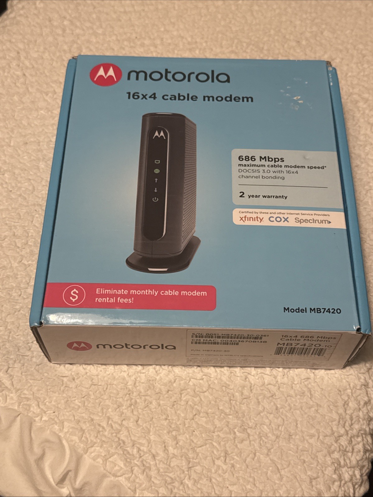 Motorola Cable Modem 16×4 686 Mbps Model MB7420 Comcast XFINITY Open Box