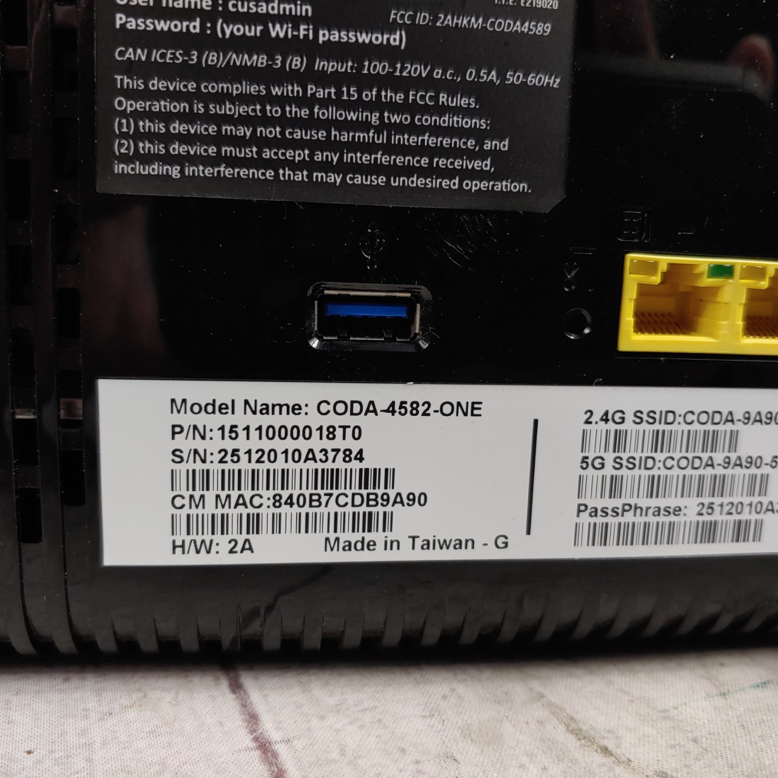Hitron CODA-4582-ONE – MDC DOCSIS 3.1 Cable Modem Router – NO Power Cord, TESTED