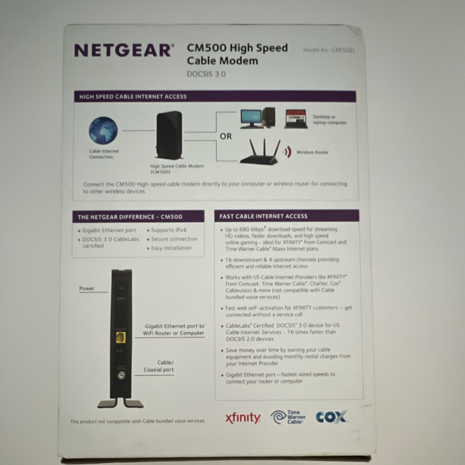 NETGEAR CM500 Cable Modem DOCSIS 3.0 680 Mbps Ethernet Xfinity Cox Time Warner