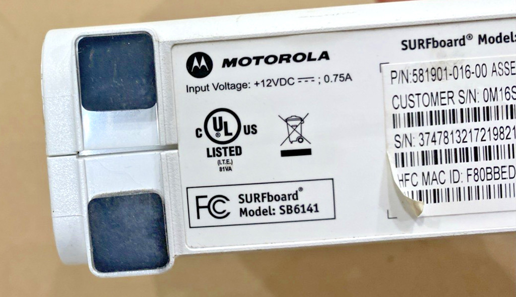 ARRIS SURFboard SB6141 Motorola White Modem W/ Power/Ethernet Cable High Powered