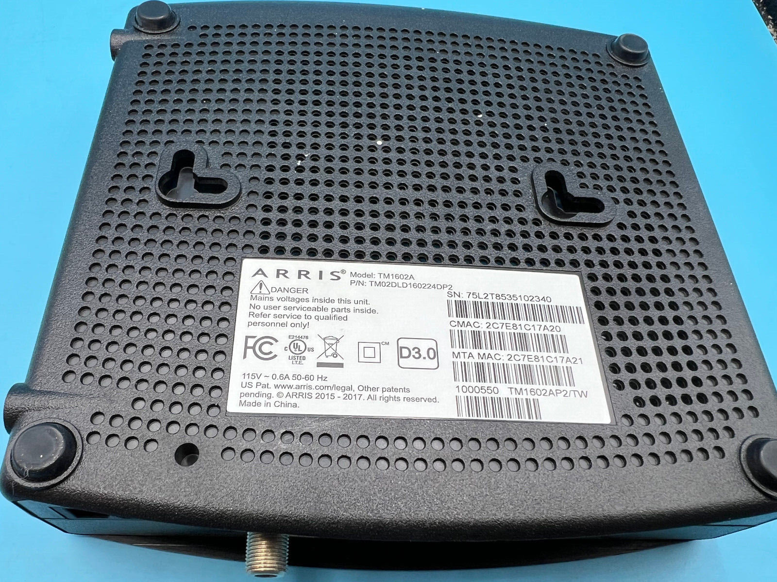 Arris Touchstone TM1602A Telephony Cable Modem16x4 Docsis 3.0 W/POWER CORD