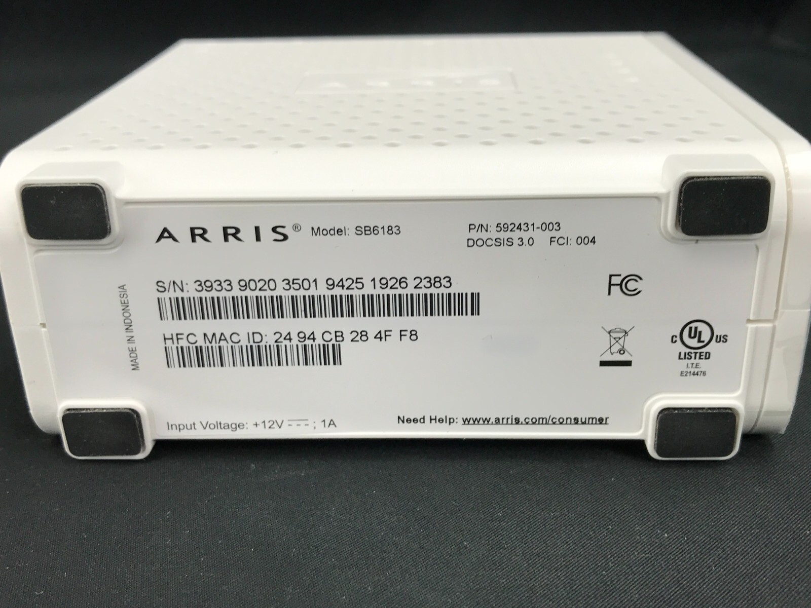 ARRIS SURFboard SB6183 DOCSIS 3.0 Cable Modem – No AC Adapter