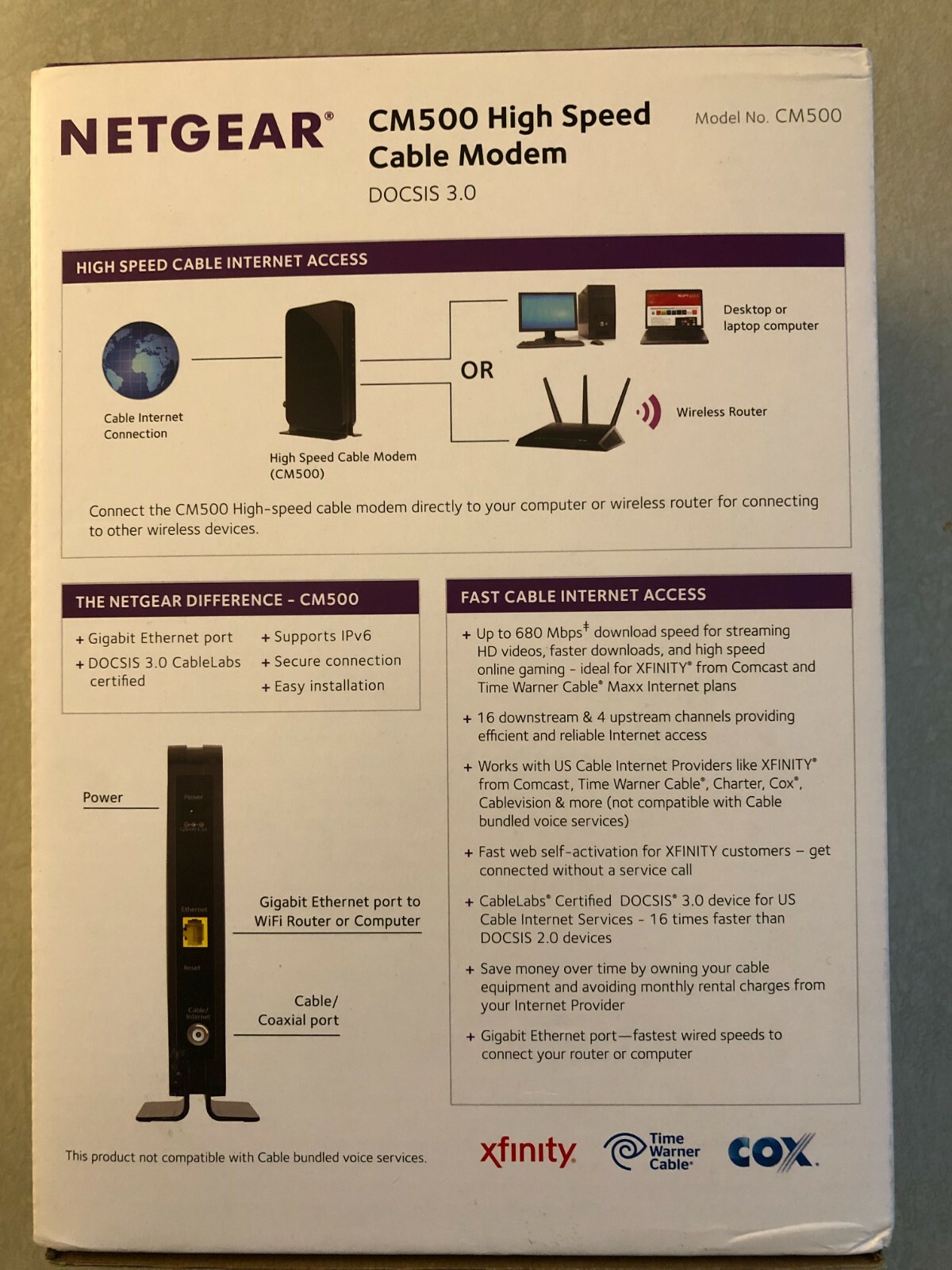 NETGEAR CM500 680 Mbps Cable Modem DOCSIS 3.0 Comcast Time Warner Cox