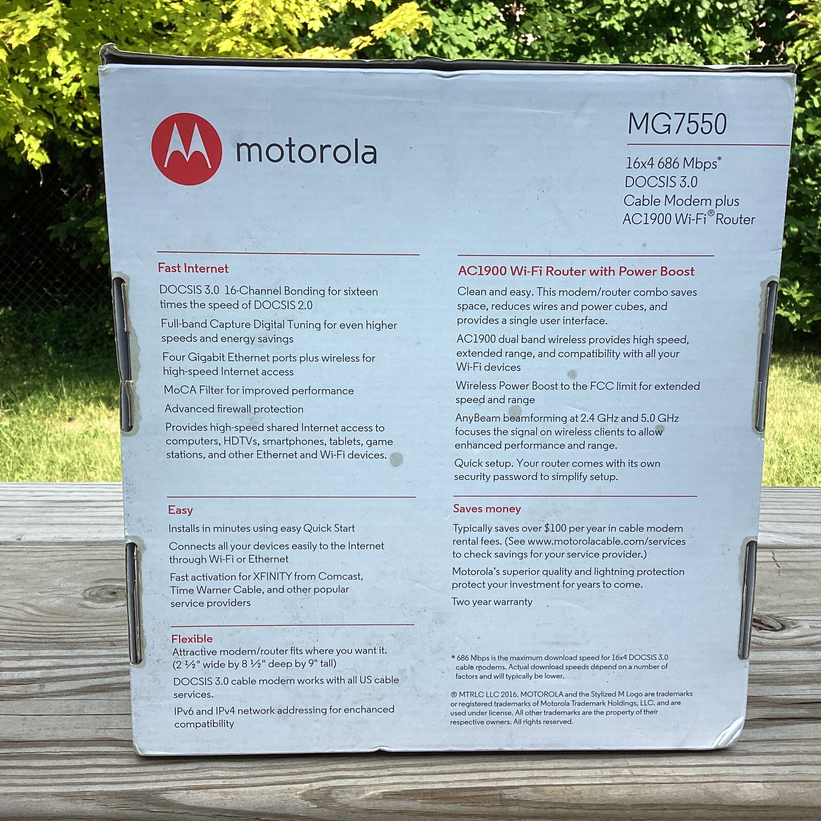 MOTOROLA CABLE MODEM PLUS WIFI ROUTER DOCSIS 3.0 16X4 AC1900 MG7550 POWER BOOST