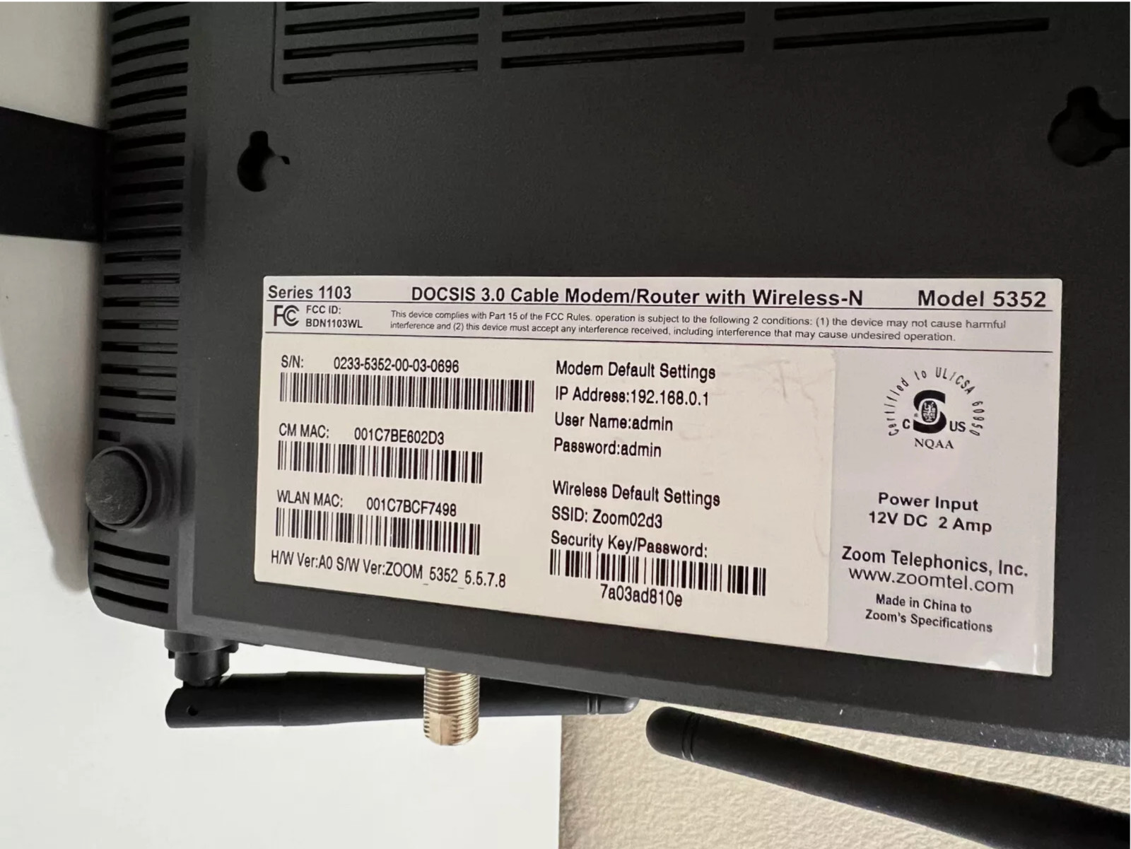 Zoom Docsis 3.0 Cable Modem With Wireless-N And Gigabit Ethernet Model 5352