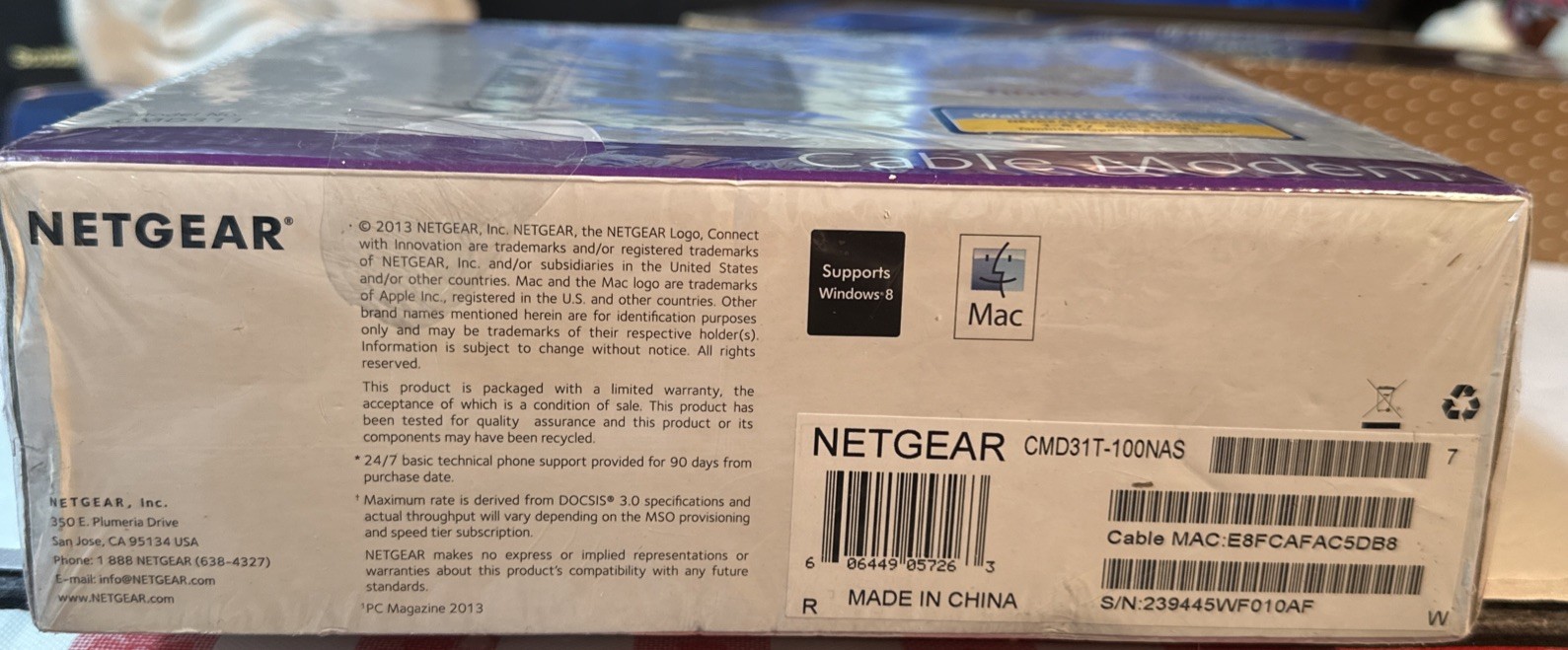 BRAND NEW Sealed NETGEAR DOCSIS 3.0 – High Speed Cable Modem CMD31T-100NAS