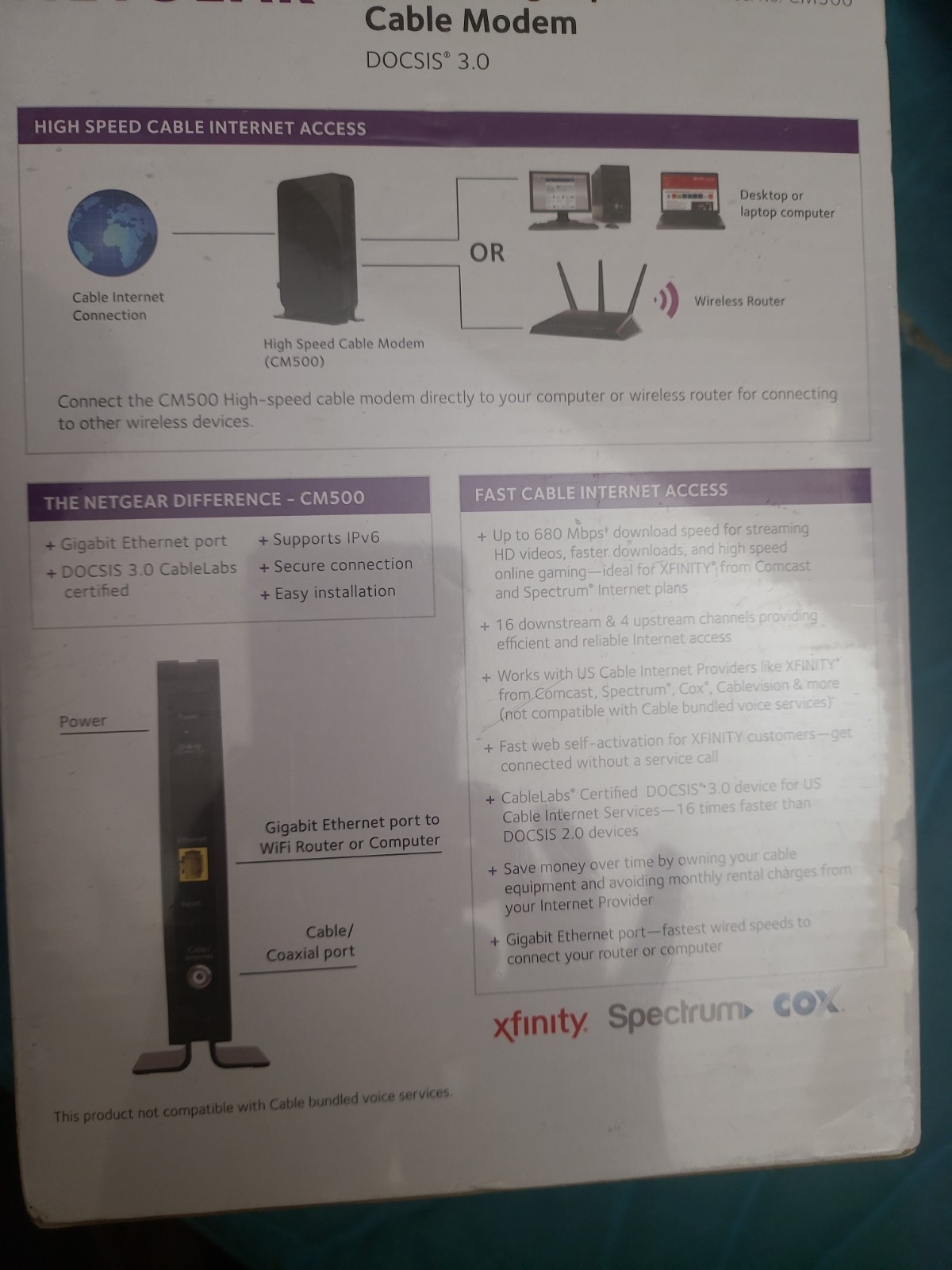 NETGEAR Cm500-1aznas 16×4 DOCSIS 3.0 Cable Modem Max Speeds of 686mbps -New , L3