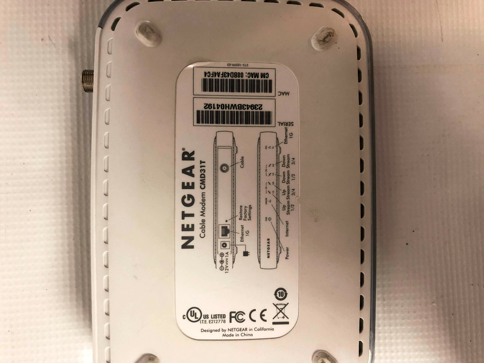 NETGEAR CMD31T (4×4) Cable Modem (CMD31T) White w/Power Supply