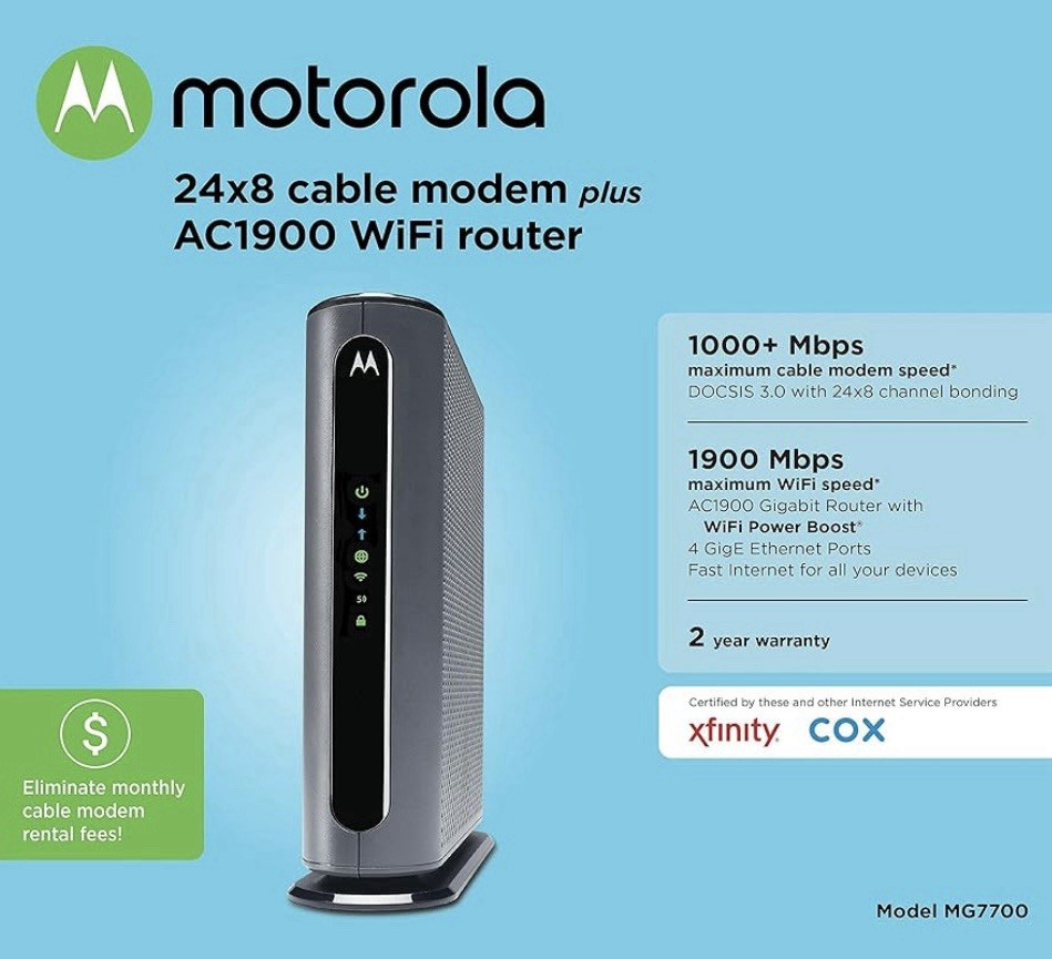 Motorola MT7711 24X8 Cable Modem and AC1900 Dual Band Wi-Fi Gigabit Router NEW