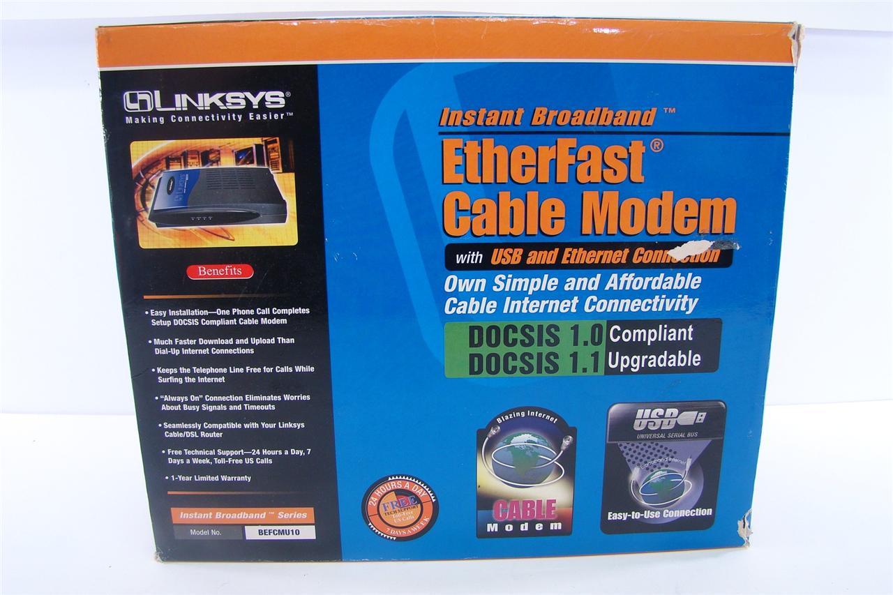 LINKSYS ETHERFAST CABLE MODEM W/ USB AND ETHERNET CONNECTION BEFCMU10 IN BOX