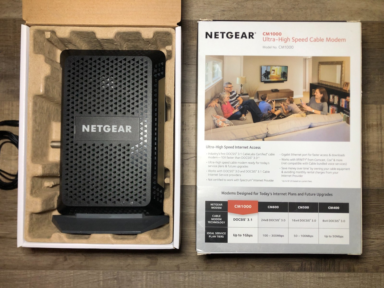 NETGEAR CM1000 1AZNAS Ultra-High Speed DOCSIS 3.1 Cable Modem with Charger & Box
