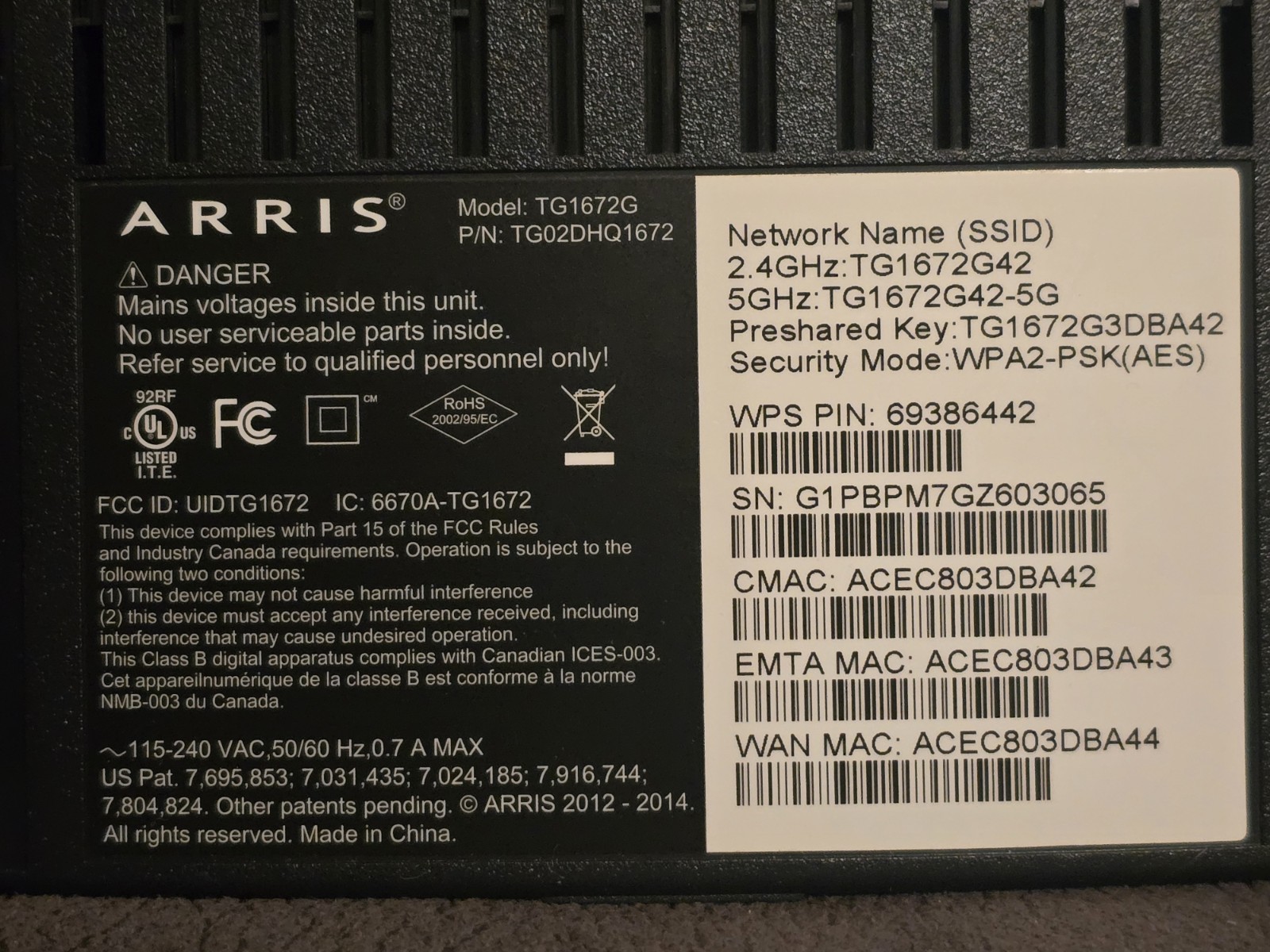 Arris TG1672G GATEWAY WIFI MODEM TG02DHQ1672