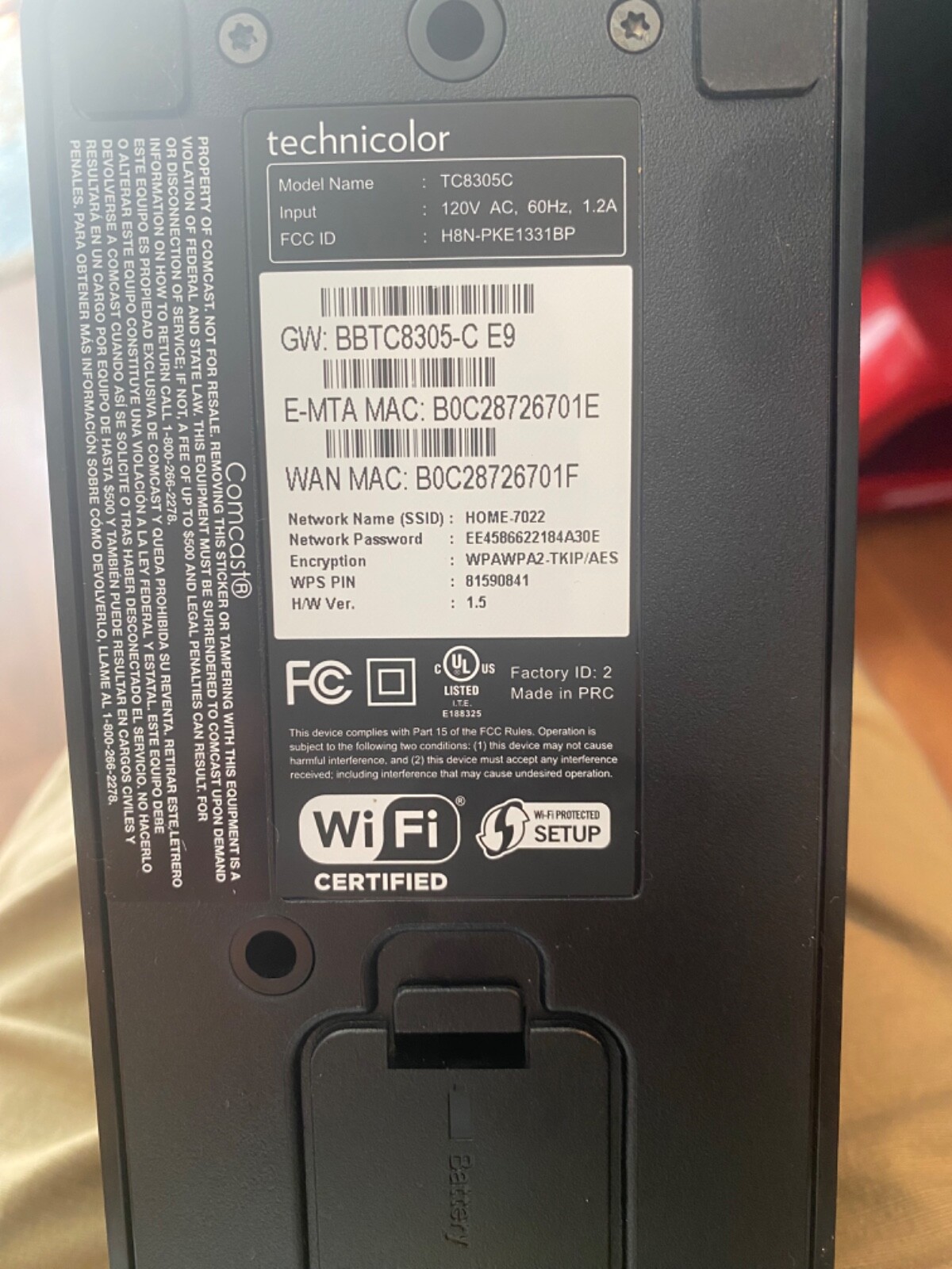 Technicolor TC8305C WIRELESS TELPHONE MODEM No Power Supply