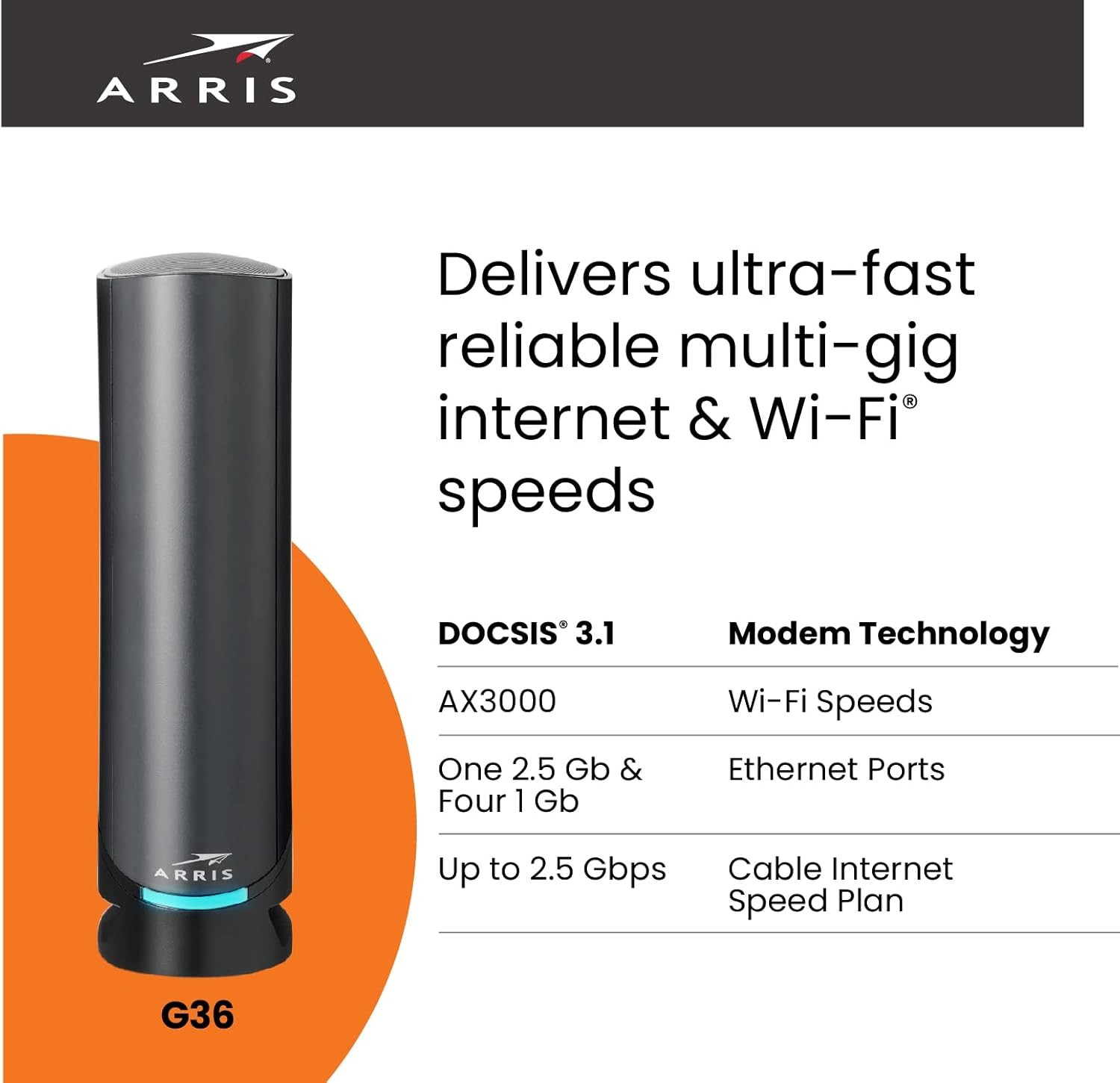 ARRIS G36-Cable Modem Router Combo -Fast DOCSIS 3.1 Multi-Gigabit WiFi 6 (AX3000