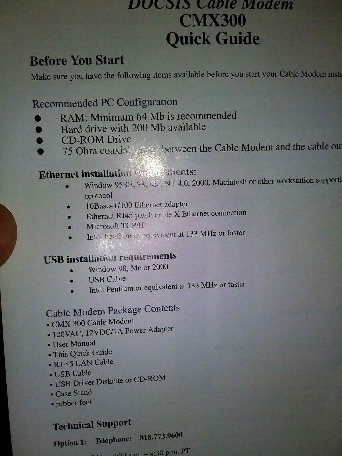 SMART ONE CABLE MODEM MODEL CMX300 WHITE MANUAL INCLUDED PC OR MAC
