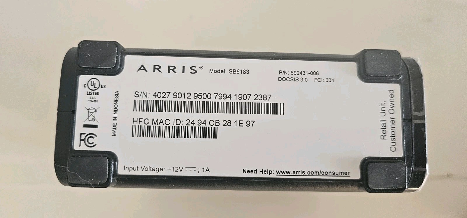 ARRIS SB6183 686 Mbps Cable Modem, White – 59243200300 No Power Supply