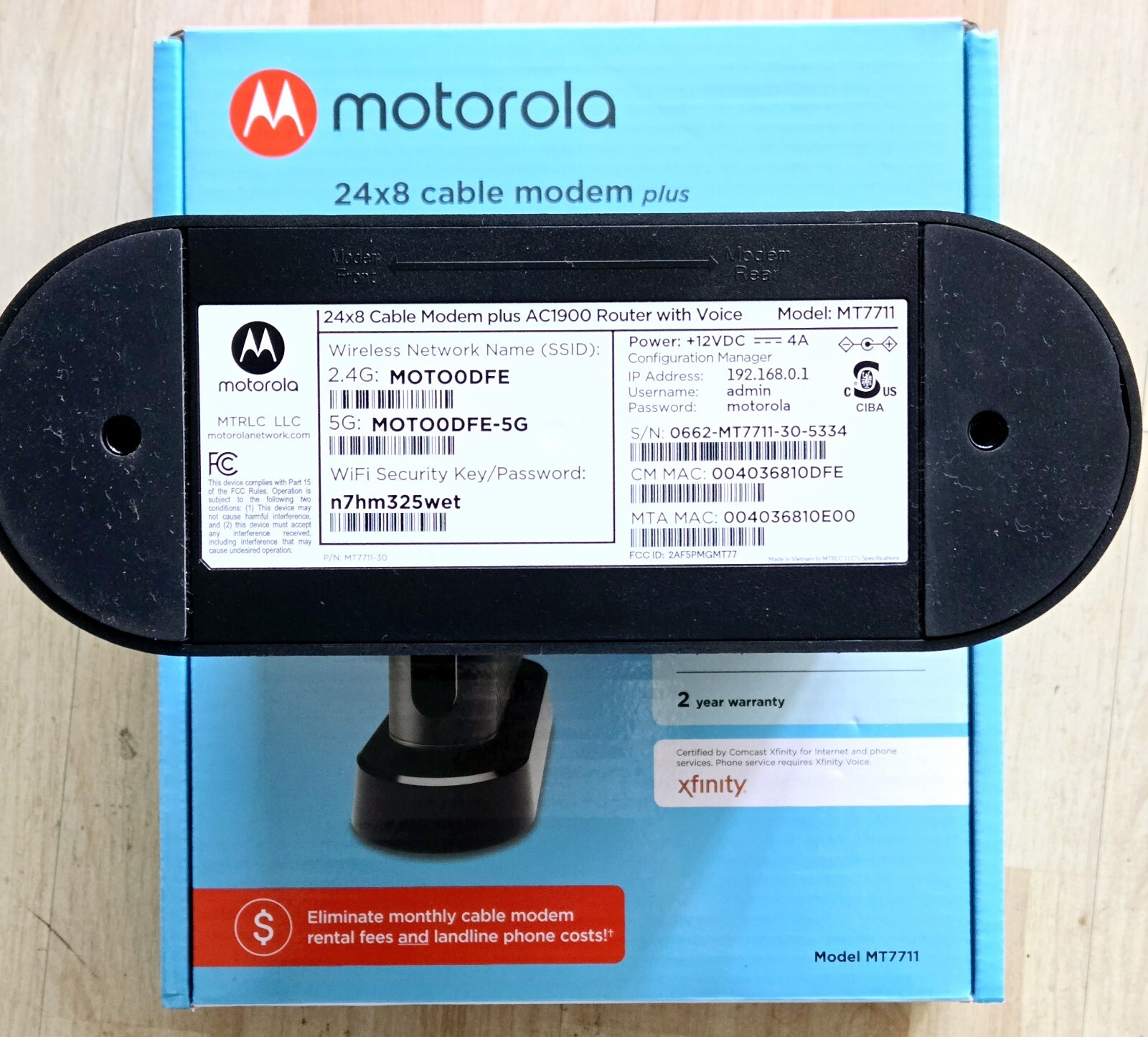 MOTOROLA MT7711 24X8 Cable Modem and AC1900 Dual Band Wi-Fi Gigabit Router