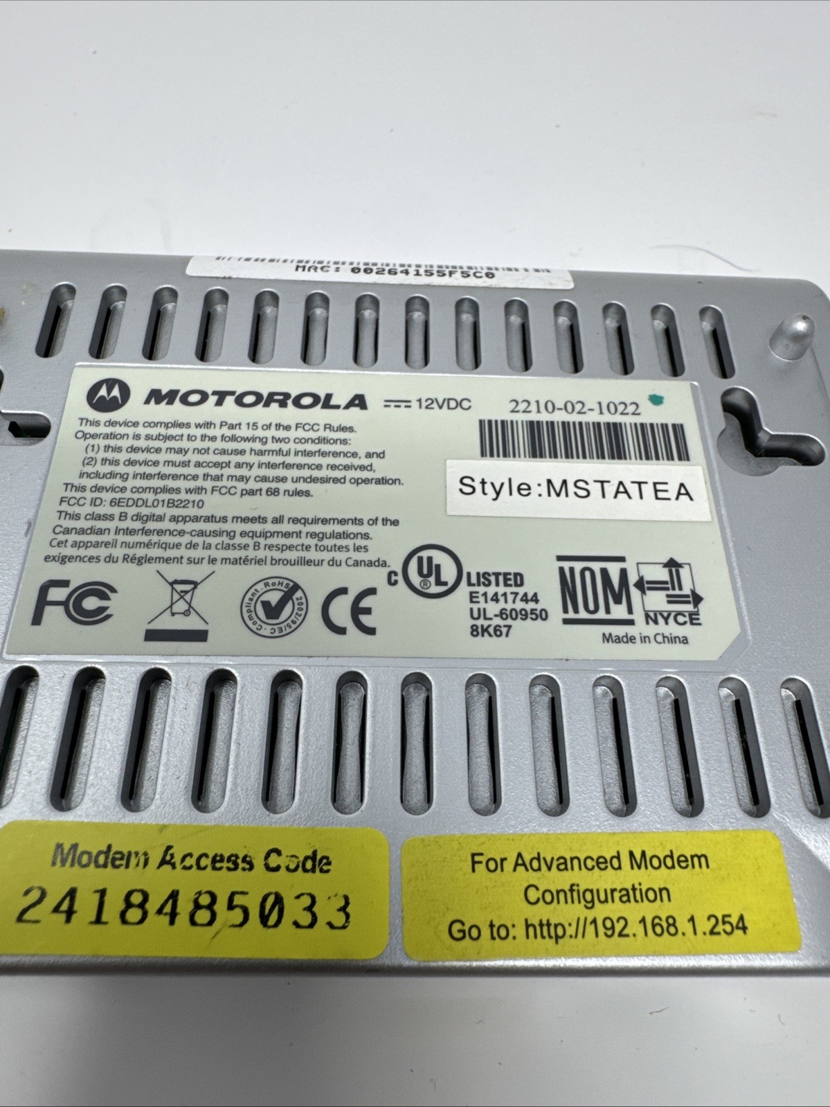 Motorola MSTATEA DSL Modem 2210-02-1022 W/O Power Supply AT&T Works Great