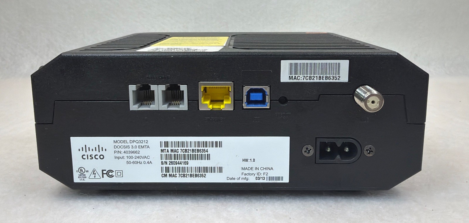 Cisco DPQ3212 DOCSIS 3.0 Residential Gateway Cable Modem Pre-Owned No Power Cord