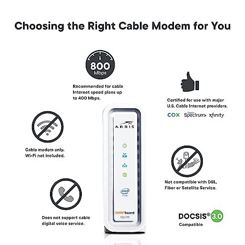 High-Speed DOCSIS 3.0 Cable Modem 32×8, 1 Gbps Port, 800 Mbps Max Speed, Renewed