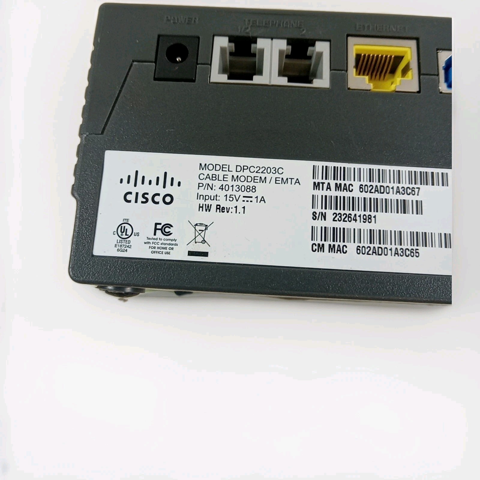 Model DPC2203C voice over Internet Protocol (VoIP) Cable Modem W Power Supply 82