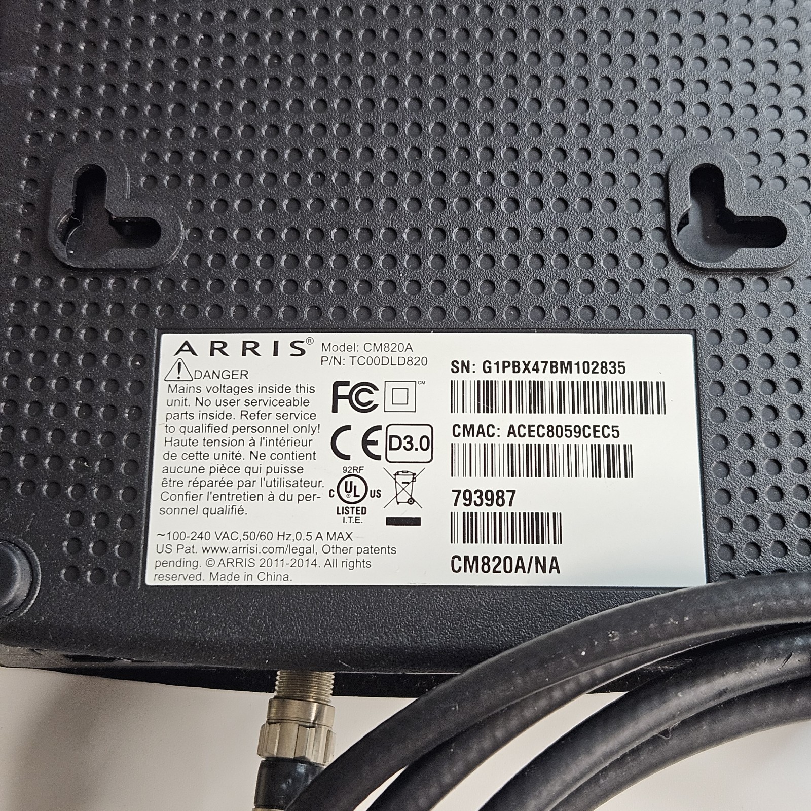Arris CM820A DOCSIS 3.0 Cable Modem w/Power/AUX and Ethernet Cord