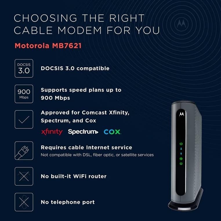 Motorola MB7621 Cable Modem | Pairs with Any WiFi Router | Approved by Comcast X