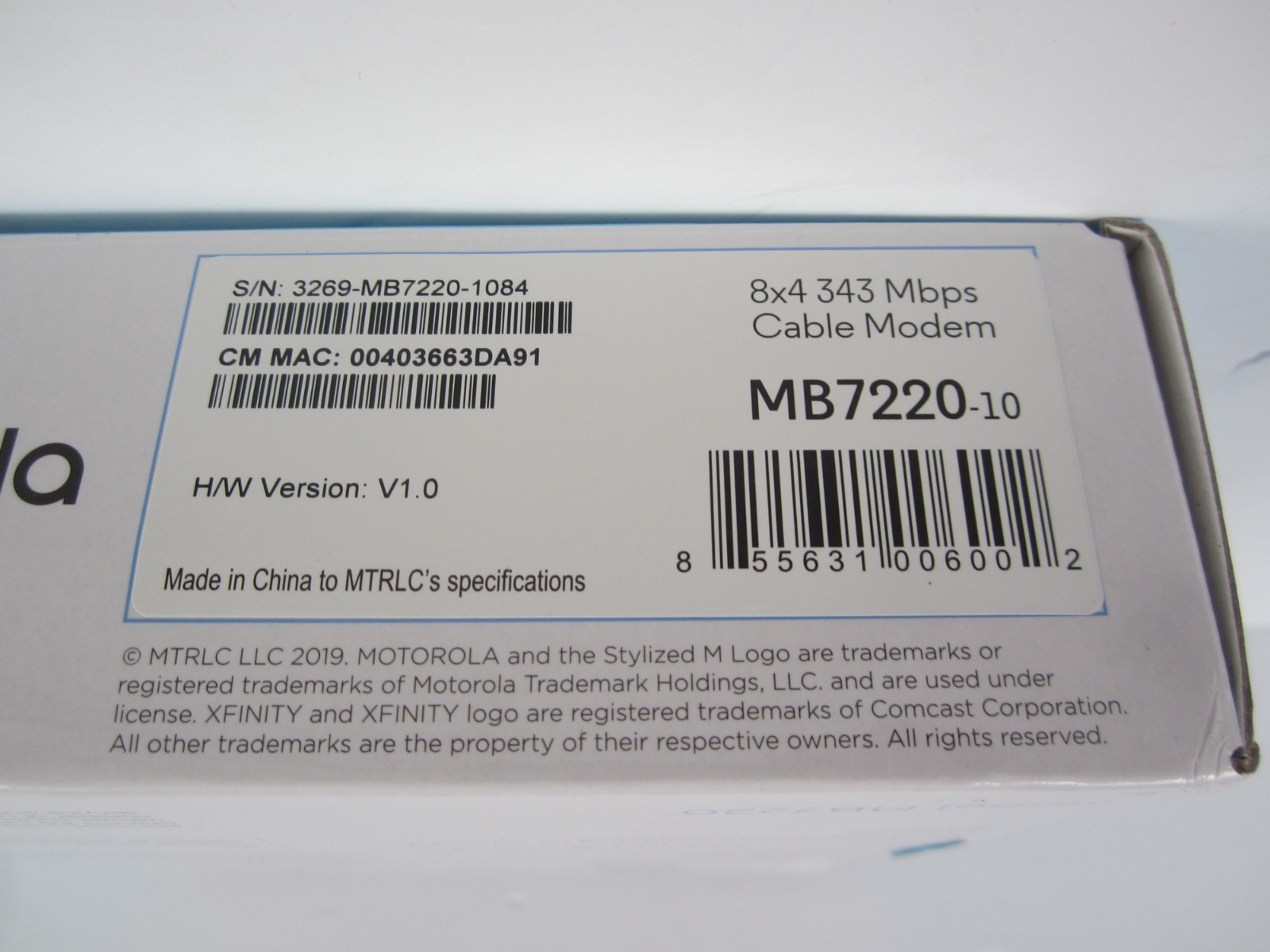 Motorola MB722010 343Mbps DOCSIS 3.0 Cable Modem New In Box