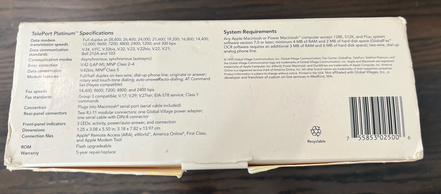 Global Village TELEPORT PLATINUM 28,800 BPS Fax Modem For Macintosh Mac