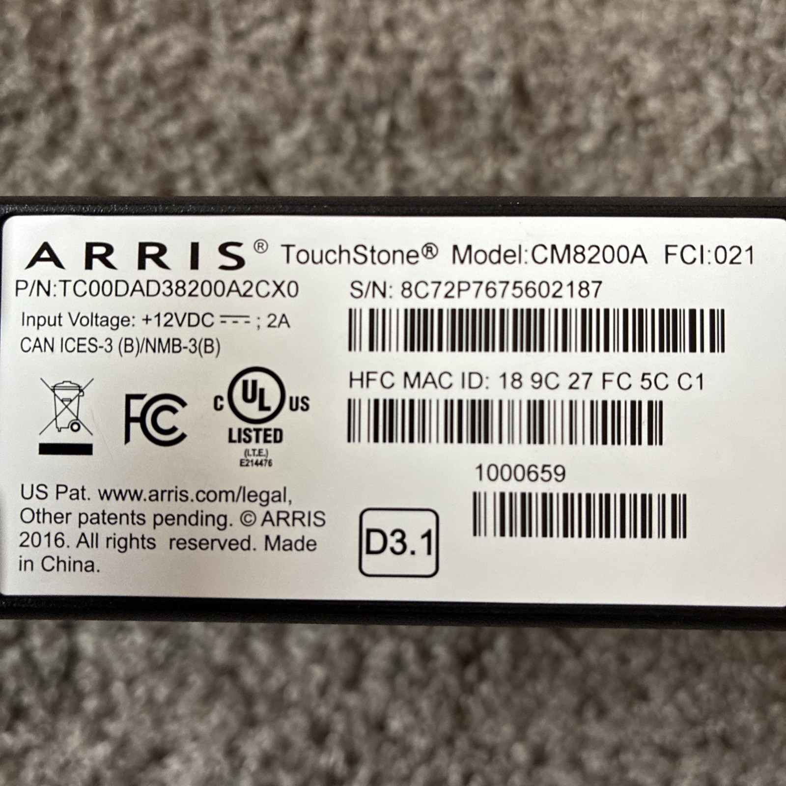ARRIS Surfboard CM8200 DOCSIS 3.1 Cable Modem, No Power Adapter – Tested Works!