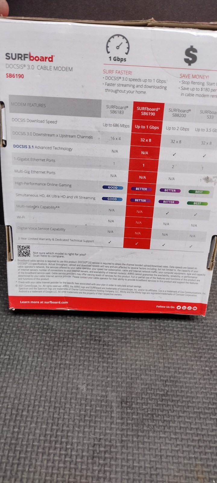 ARRIS SURFboard SB6190 32×8 DOCSIS 3.0 Gigabit Cable Modem