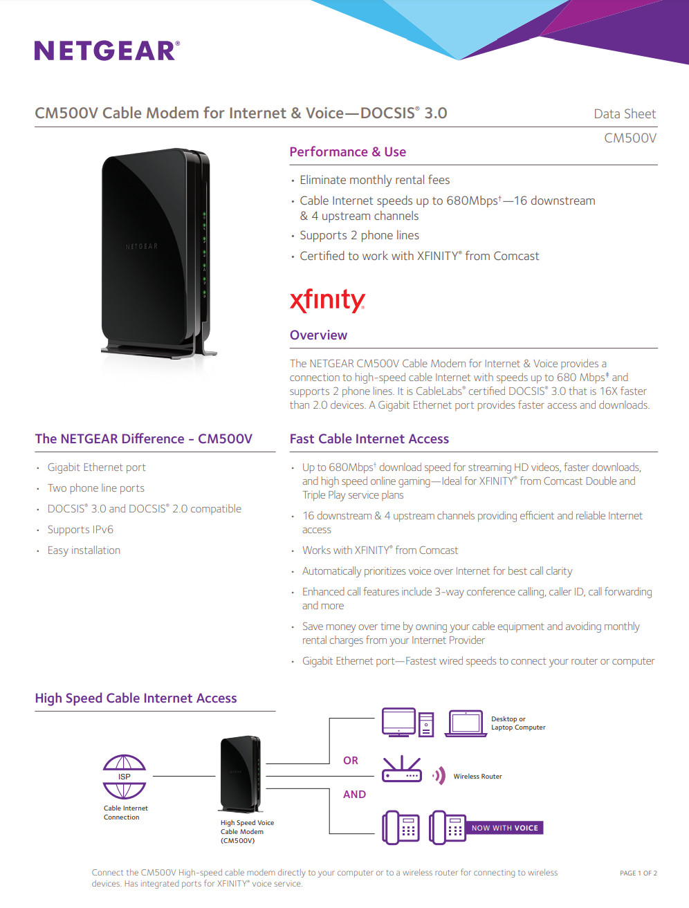 NETGEAR CM500V Cable Modem for Internet & Voice