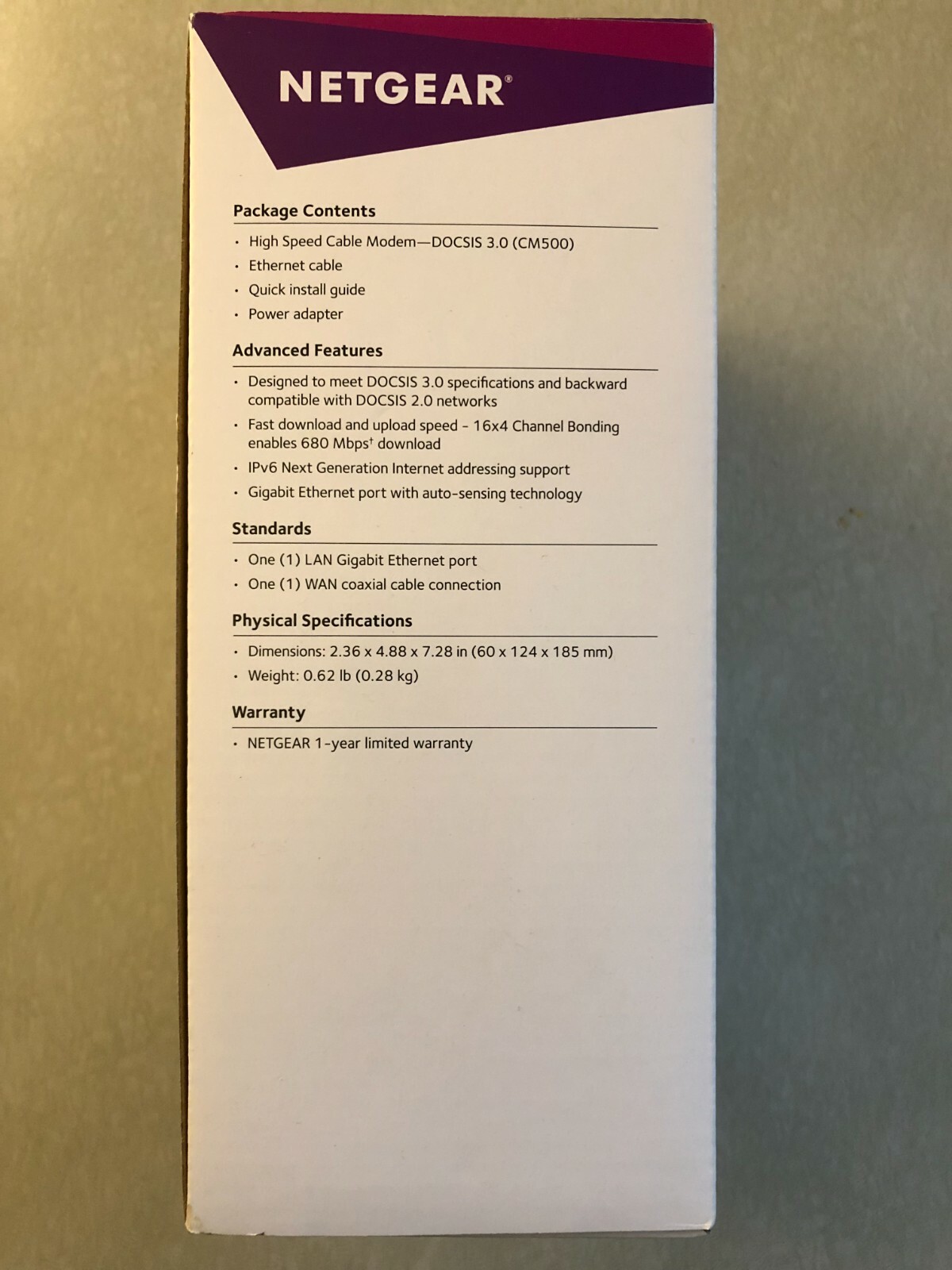 NETGEAR CM500 680 Mbps Cable Modem DOCSIS 3.0 Comcast Time Warner Cox