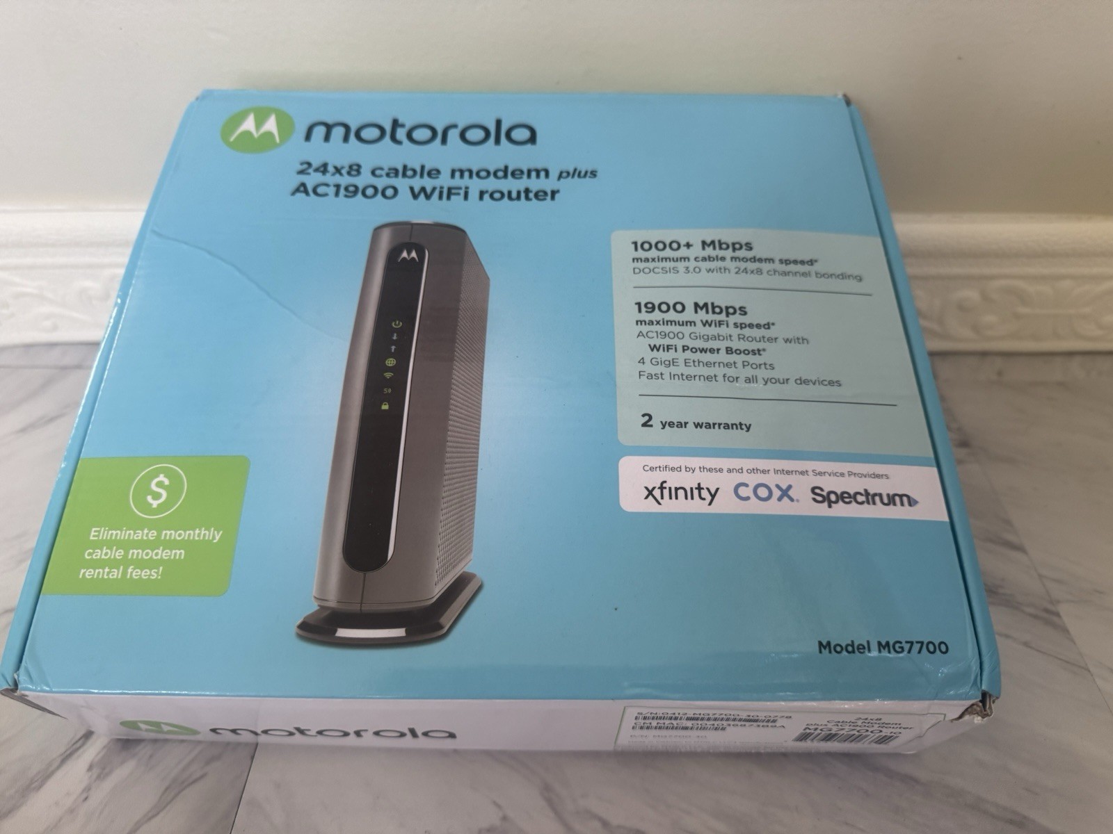 Motorola MG7700 24×8 3.0 Cable Modem + AC 1900 WiFi Router 1GB + Power Adapter