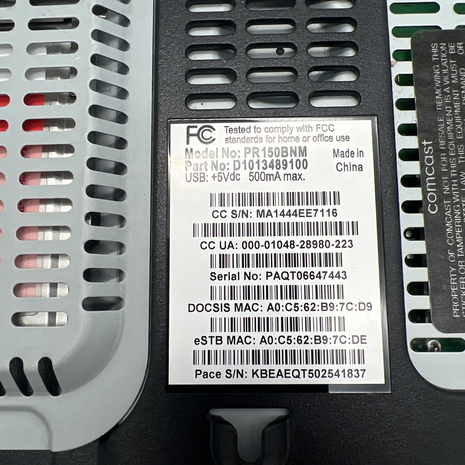 Comcast Xfinity Modem, Model PR150BNM, Without Power Cord
