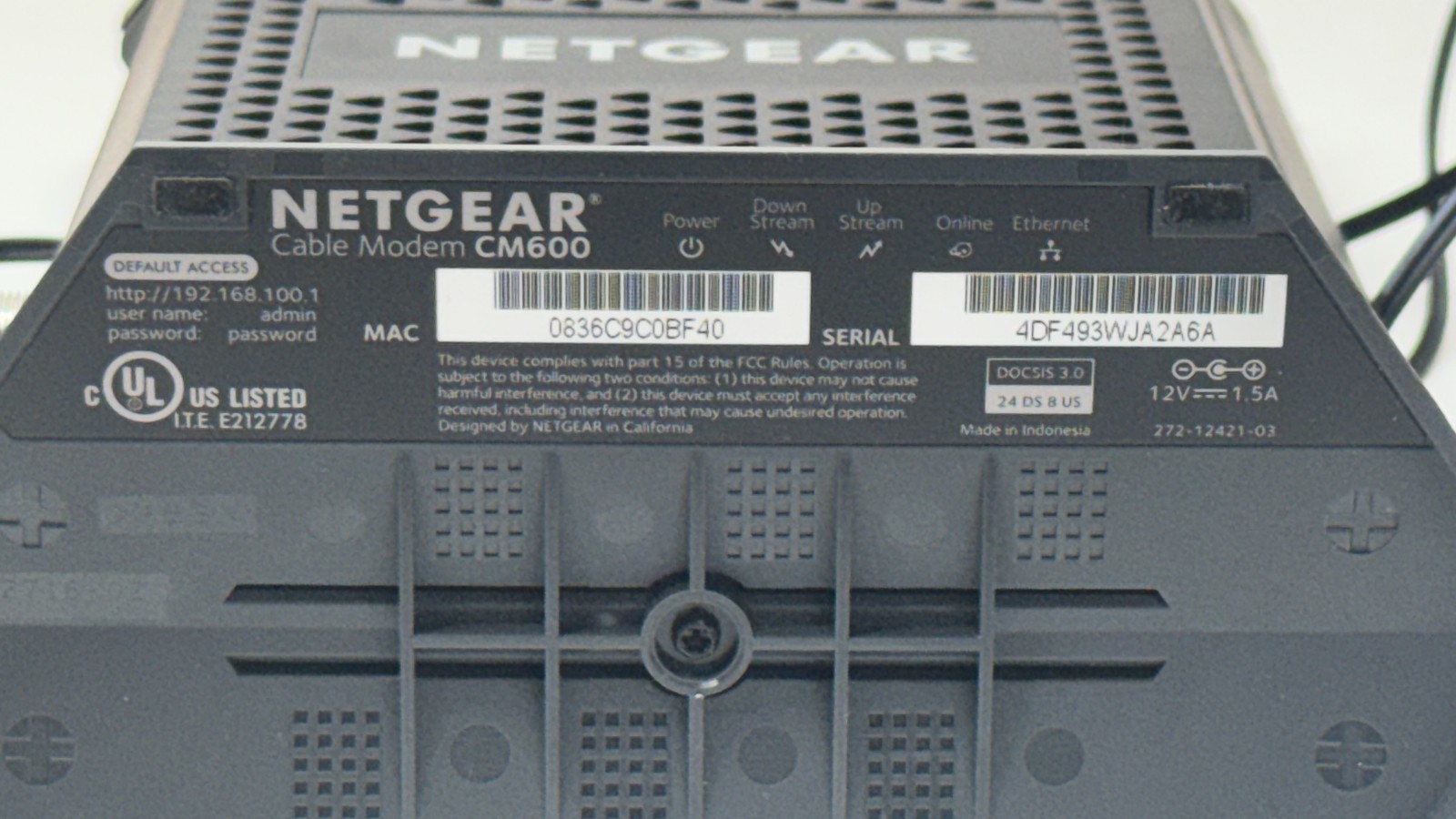 NETGEAR High Speed Cable Modem DOCSIS 3.0 24×8 CM600-100NAS Gigabit Ethernet