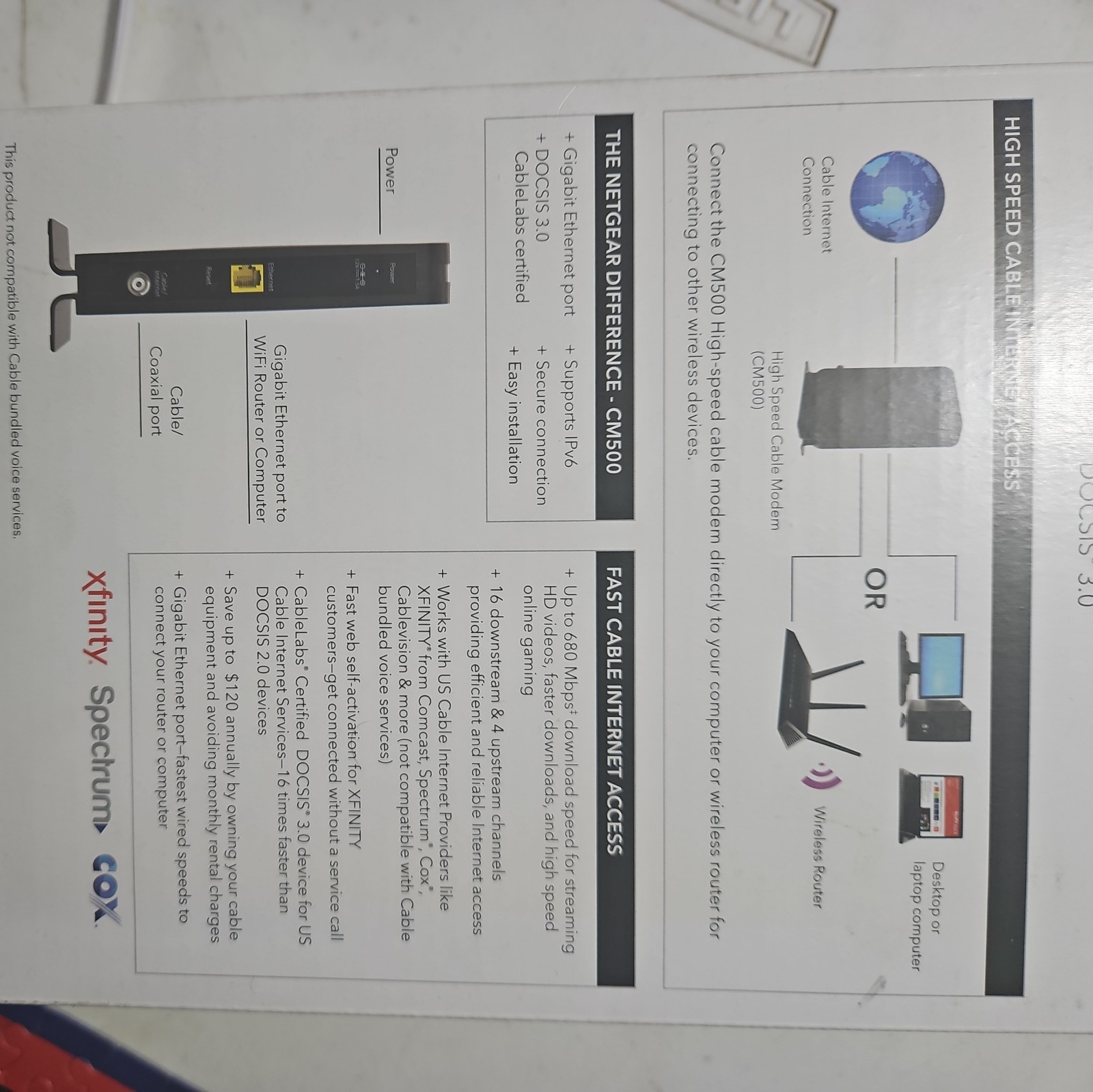 NETGEAR CM500 High Speed Cable Modem DOCSIS 3.0 Up To 680Mbps 16×4 Channel Bondi