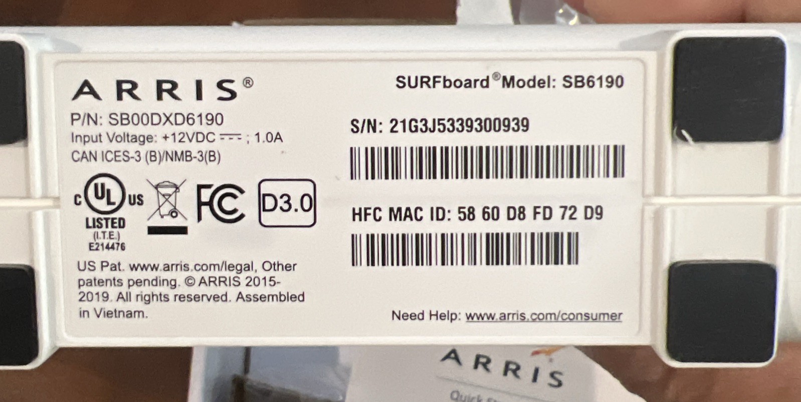 NIB ARRIS Surfboard SB6190-RB DOCSIS 3.0 Cable Modem White New In Open Box